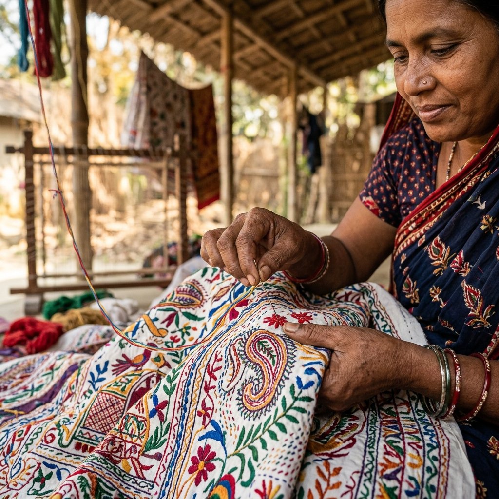 Artisan Hand Embroidering Nokshi Katha